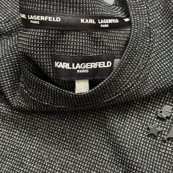 Karl Lagerfeld Paris Black Metallic Puff Sleeve Studded Logo Popover Knit Top M - Picture 4 of 9